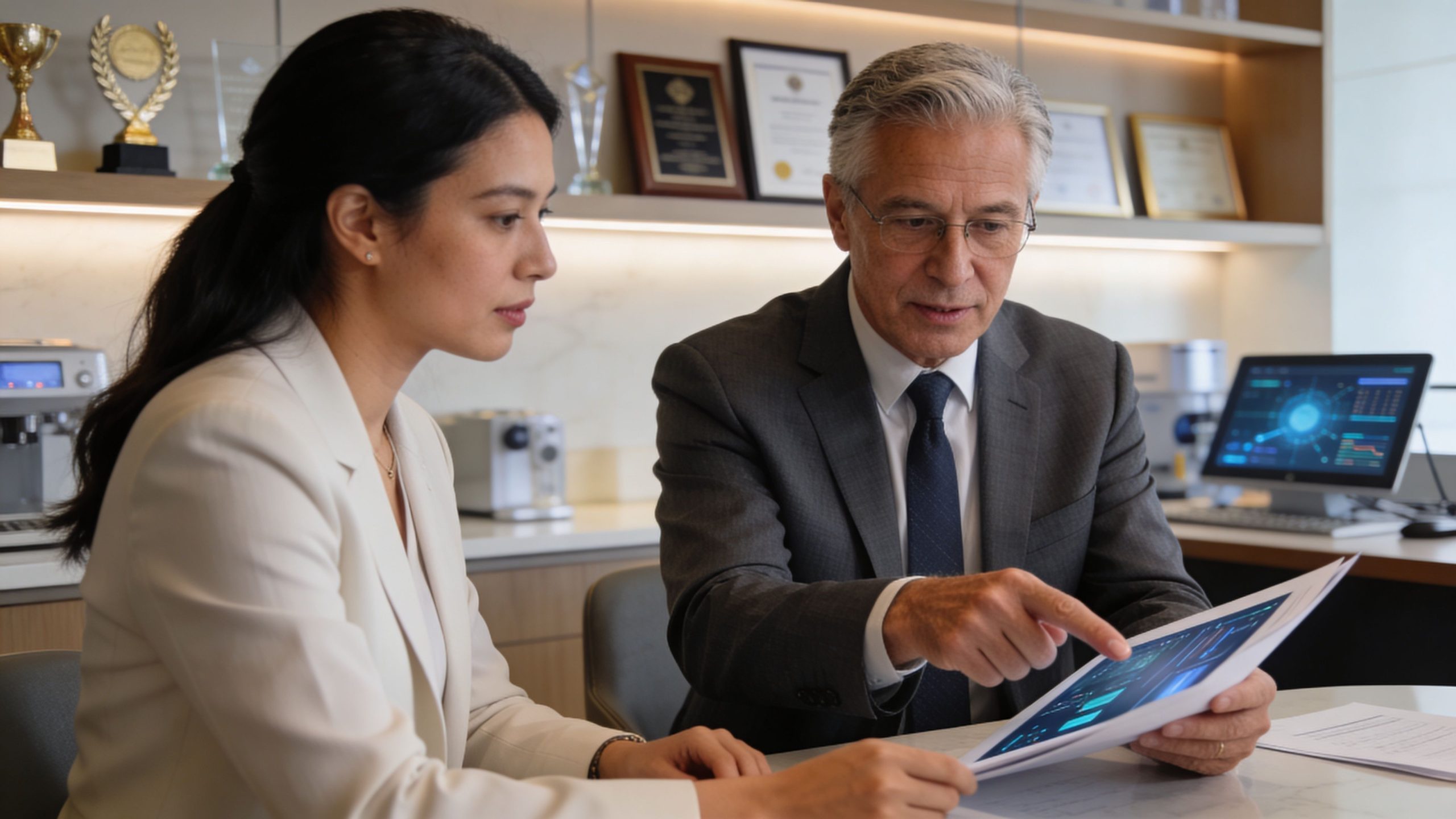 A professional woman and an older man in suits review a technical document in an office setting.