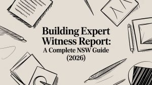 Cover image with the title 'Building Expert Witness Report: A Complete NSW Guide (2026)' surrounded by sketches of notebooks, pencils, and papers.