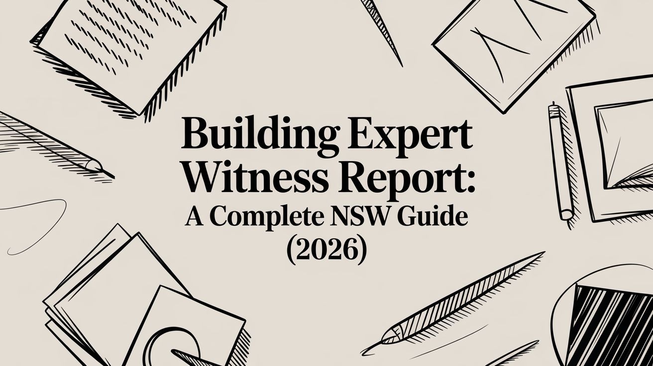 Cover image with the title 'Building Expert Witness Report: A Complete NSW Guide (2026)' surrounded by sketches of notebooks, pencils, and papers.