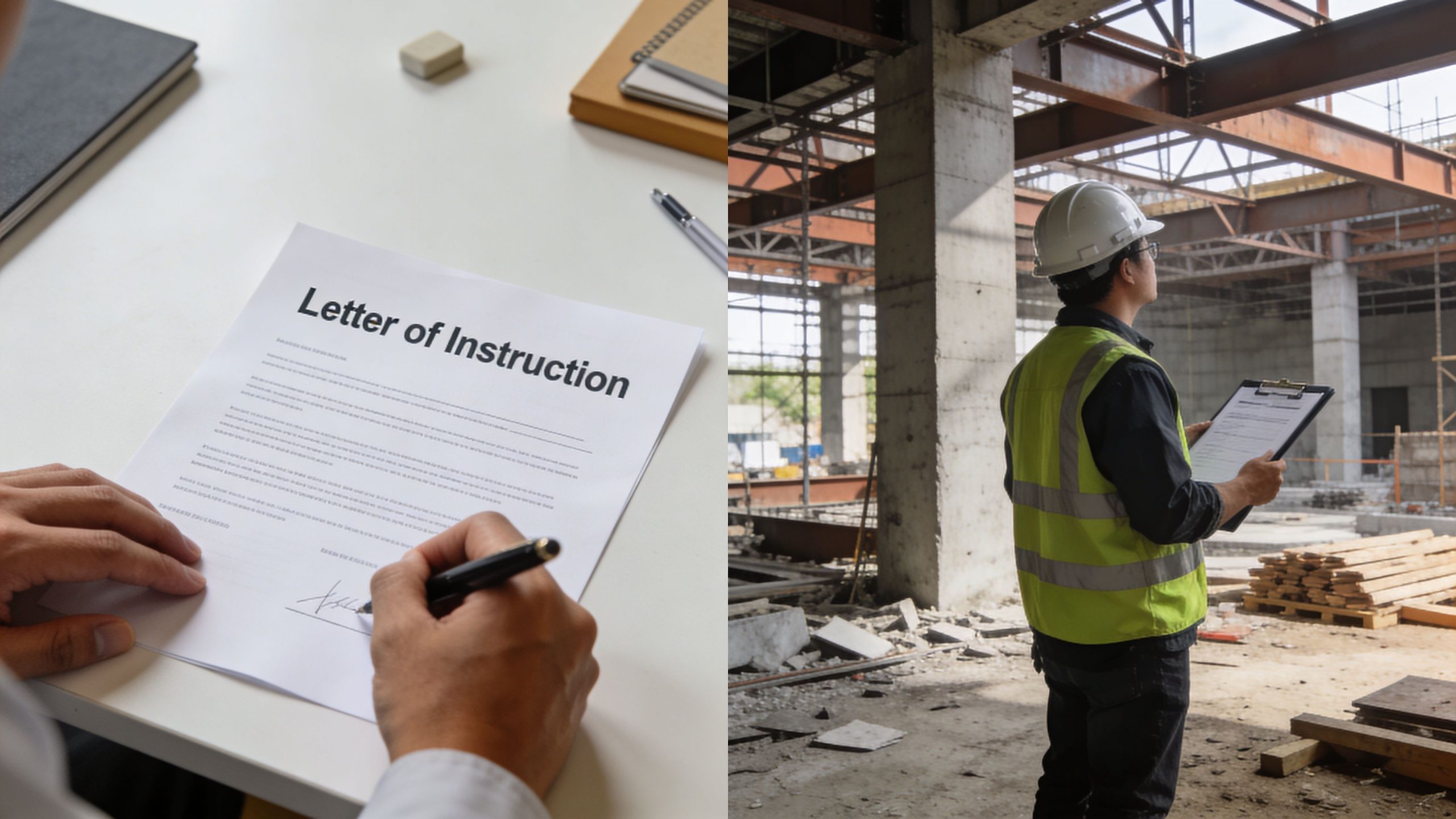 A split screen showing a professional signing a document and a site supervisor inspecting a construction area.