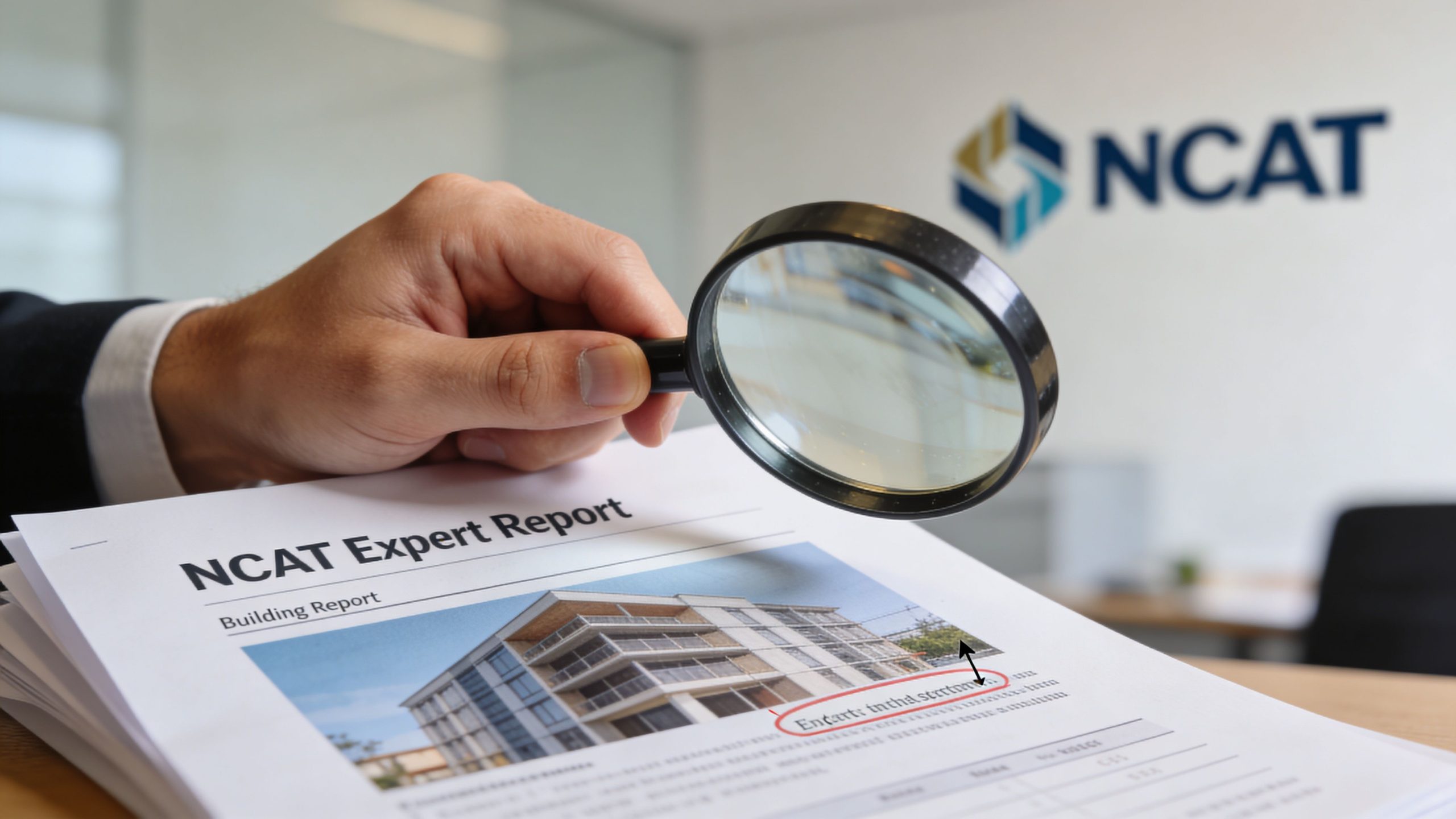 A hand holds a magnifying glass over an NCAT expert building report document in an office setting.