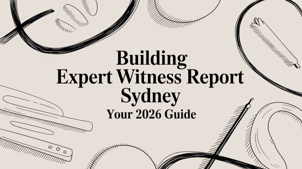 Banner with the title 'Building Expert Witness Report Sydney' and 'Your 2026 Guide' surrounded by line-drawn office tools.