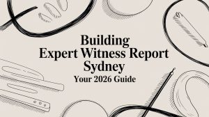 Banner with the title 'Building Expert Witness Report Sydney' and 'Your 2026 Guide' surrounded by line-drawn office tools.