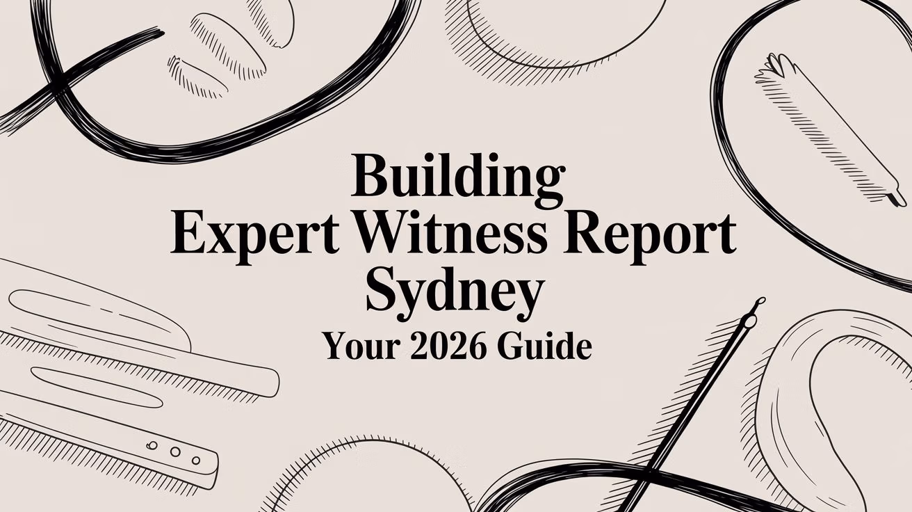 Banner with the title 'Building Expert Witness Report Sydney' and 'Your 2026 Guide' surrounded by line-drawn office tools.