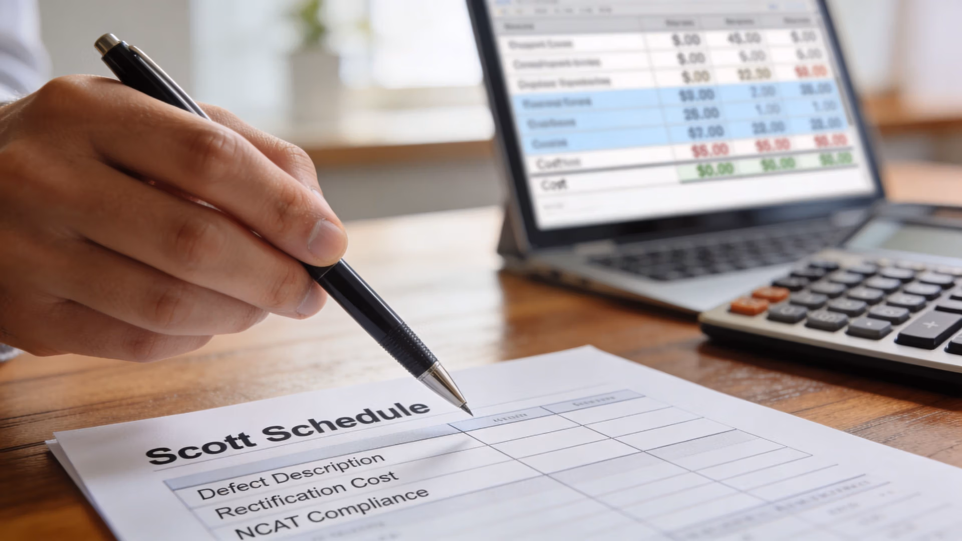 A professional analyzing a Scott Schedule document with a pen, preparing for a building expert witness report.