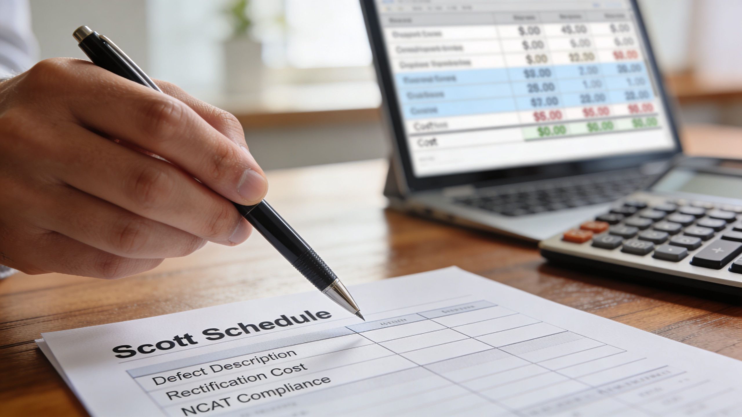 A professional analyzing a Scott Schedule document with a pen, preparing for a building expert witness report.