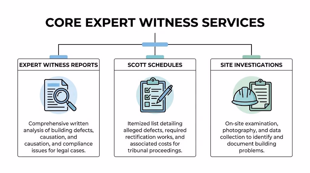 A flow chart outlining core expert witness services including building defect reports, Scott schedules, and site investigations.