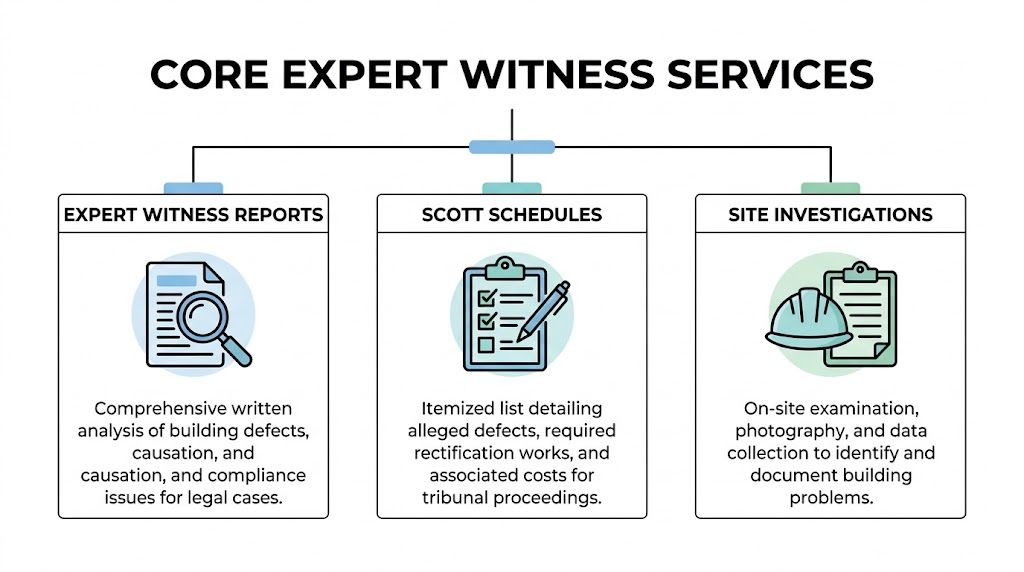 A flow chart outlining core expert witness services including building defect reports, Scott schedules, and site investigations.