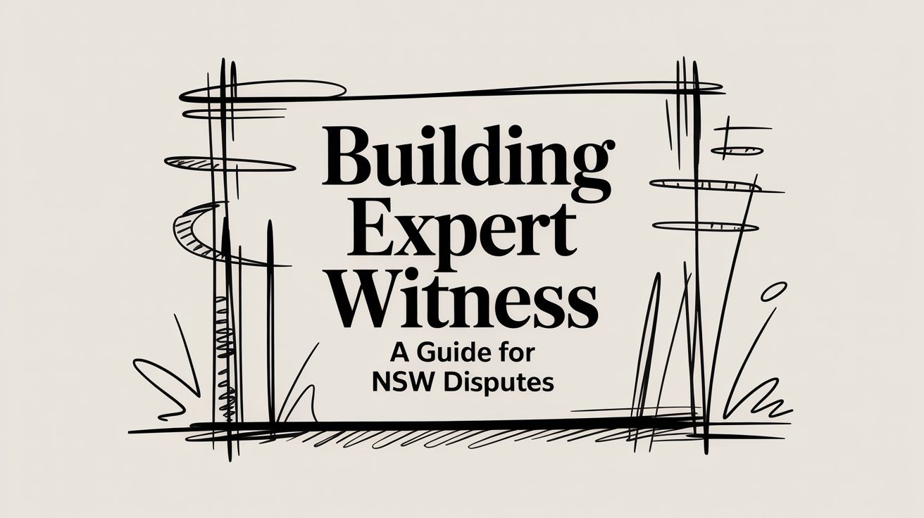 Cover image with bold title 'Building Expert Witness' and subtitle 'A Guide for NSW Disputes' in a sketchy, abstract frame of black lines.