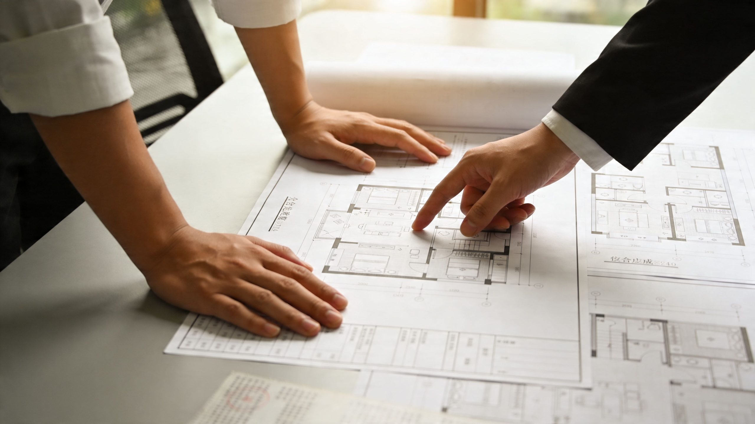 Two professionals in formal attire discussing architectural floor plans on a desk during a collaborative meeting.