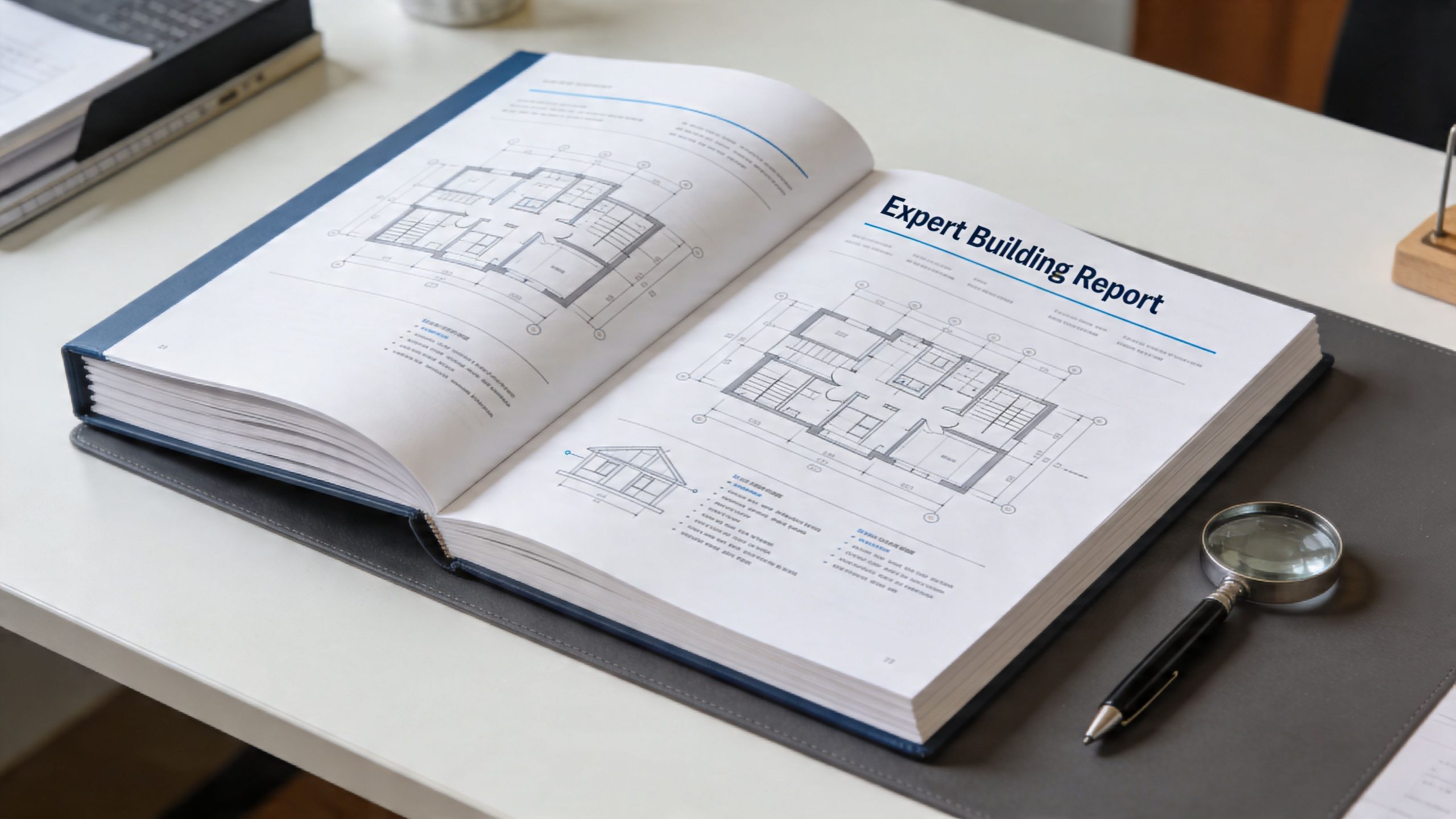 An open building report document featuring architectural floor plan designs lying on a professional office desk.