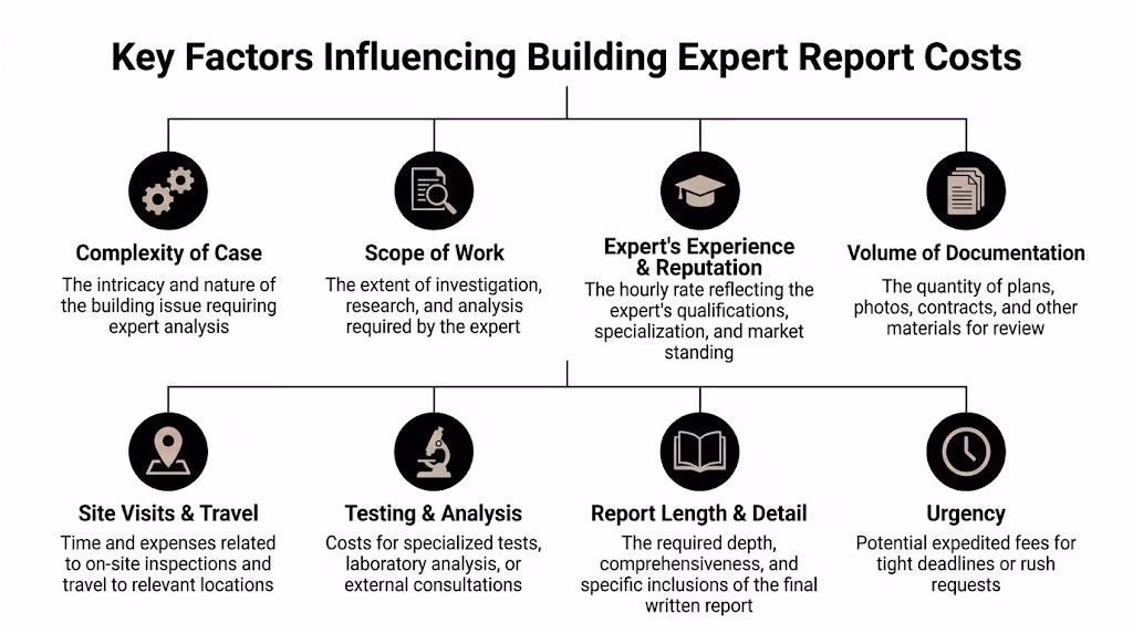 A diagram outlining eight key factors that influence the total cost of a building expert report.