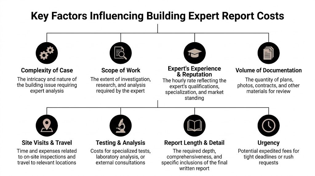 A diagram outlining eight key factors that influence the total cost of a building expert report.
