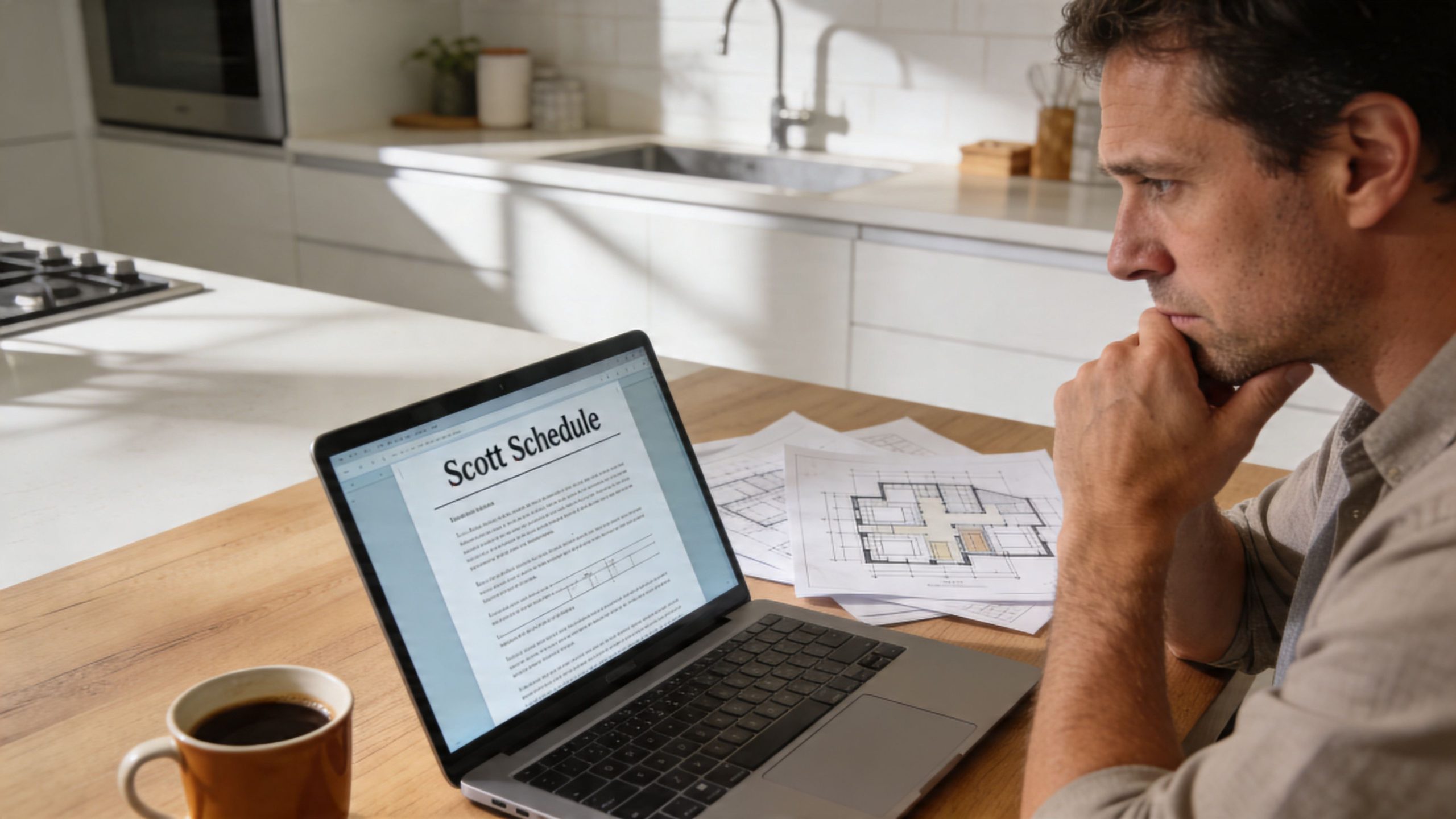 A man thoughtfully looking at a Scott Schedule document on his laptop next to architectural floor plans.