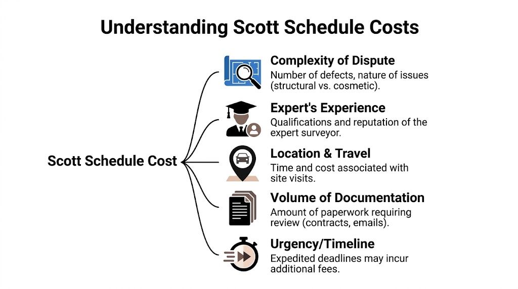 An infographic titled Understanding Scott Schedule Costs explaining five factors that influence the overall legal cost.