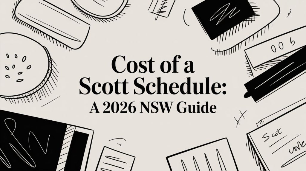 Graphic with the title 'Cost of a Scott Schedule: A 2026 NSW Guide' surrounded by doodle office supplies.