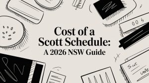 Graphic with the title 'Cost of a Scott Schedule: A 2026 NSW Guide' surrounded by doodle office supplies.