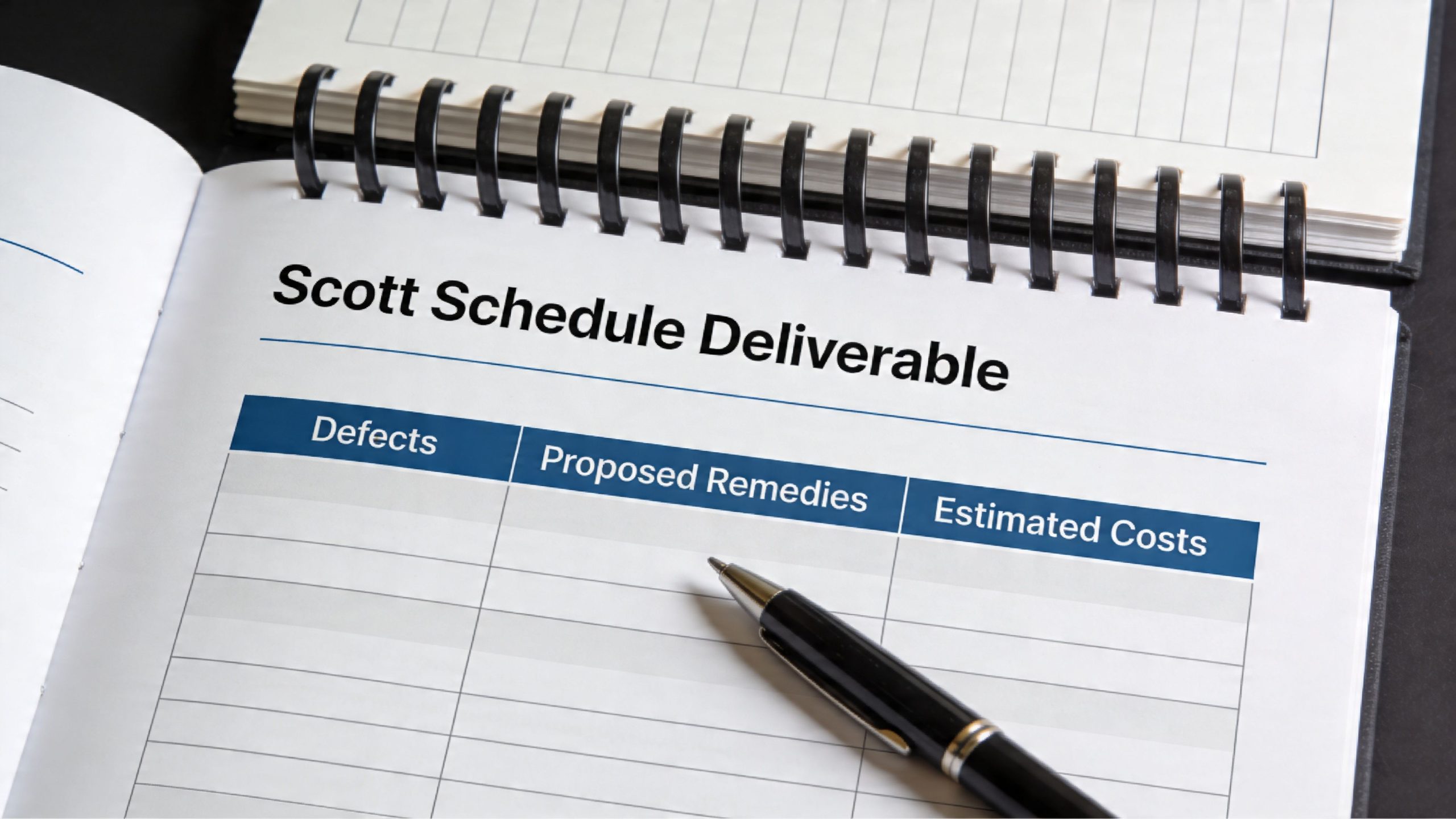 A pen lying on an open Scott Schedule document with blank columns for defects, remedies, and costs.