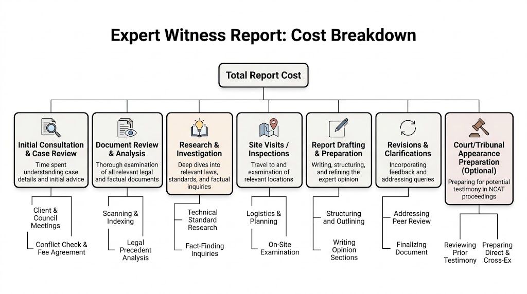 A comprehensive flowchart illustrating the various components that contribute to the total cost of an expert witness report.