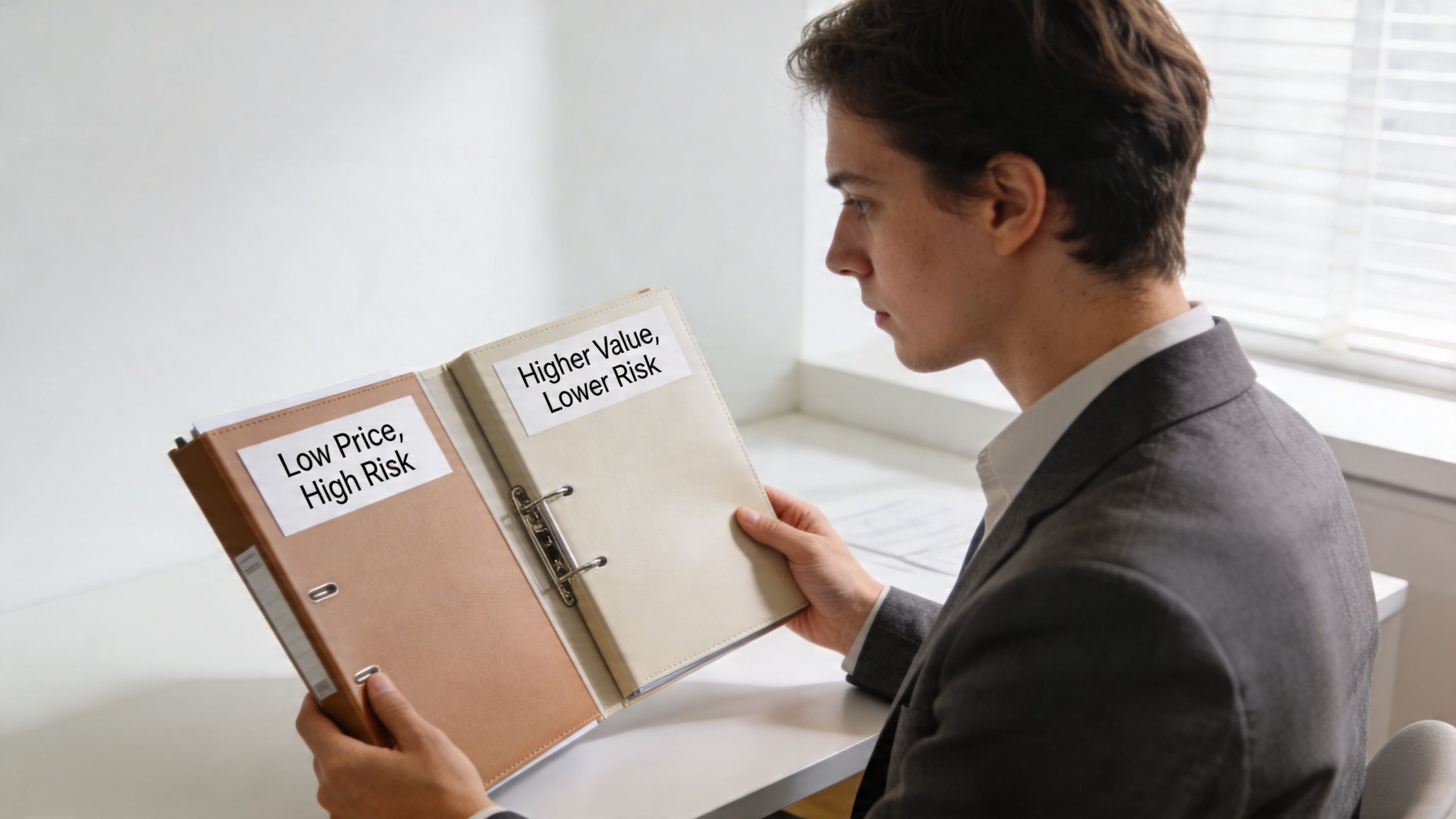 A professional man holding an open binder comparing low price, high risk with higher value, lower risk.