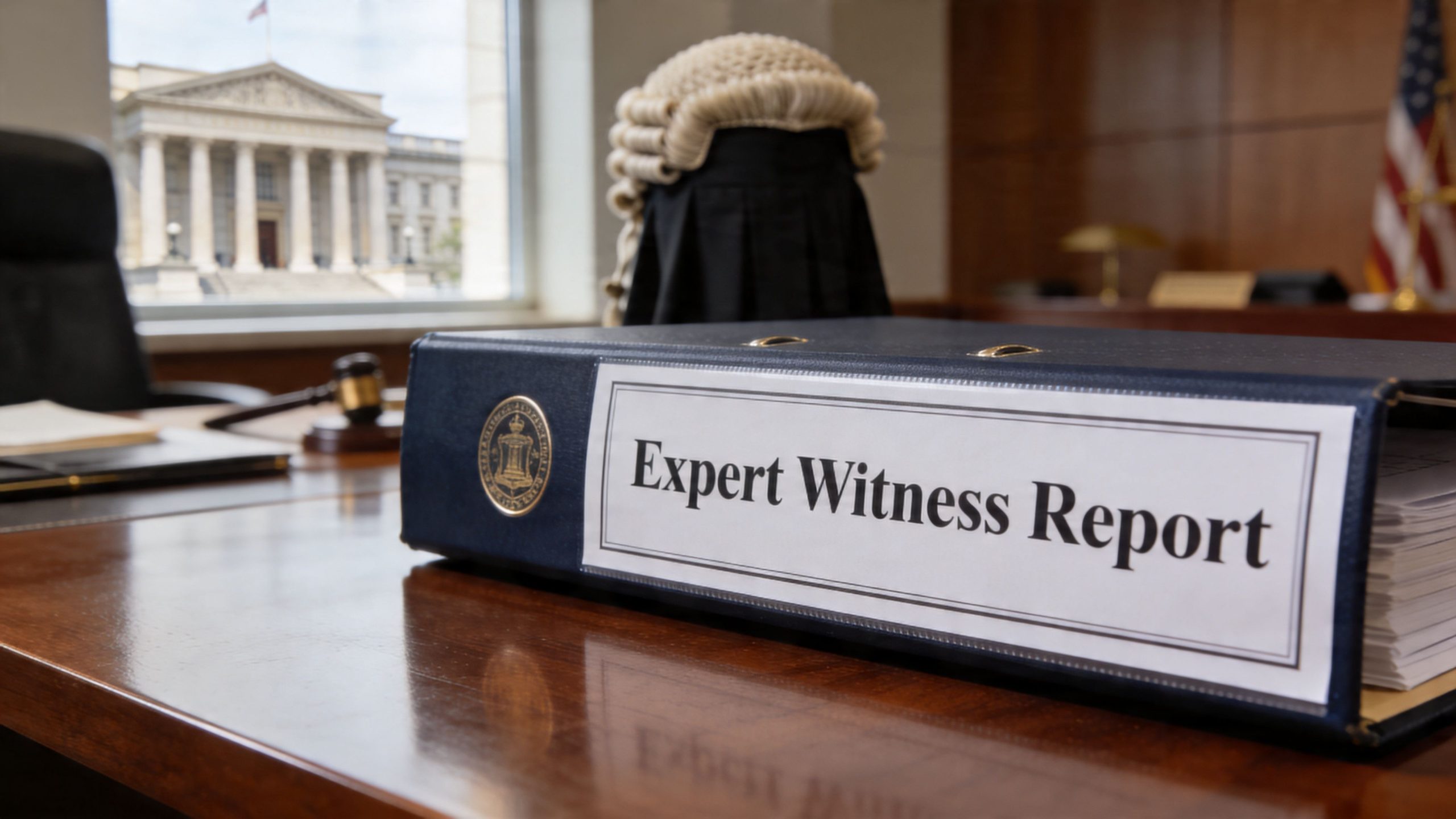 A blue binder labeled Expert Witness Report rests on a wooden desk inside a courtroom.