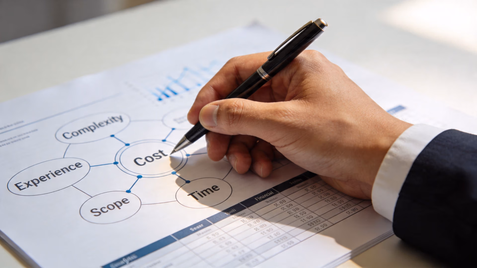 A professional analyzing a diagram of project constraints including cost, time, scope, complexity, and experience.