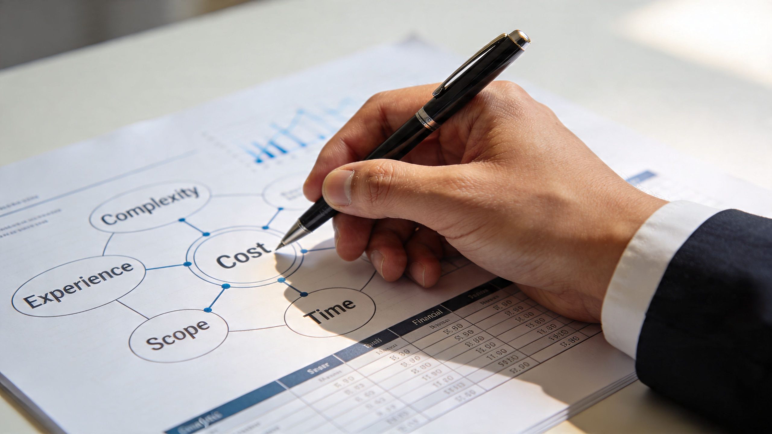 A professional analyzing a diagram of project constraints including cost, time, scope, complexity, and experience.