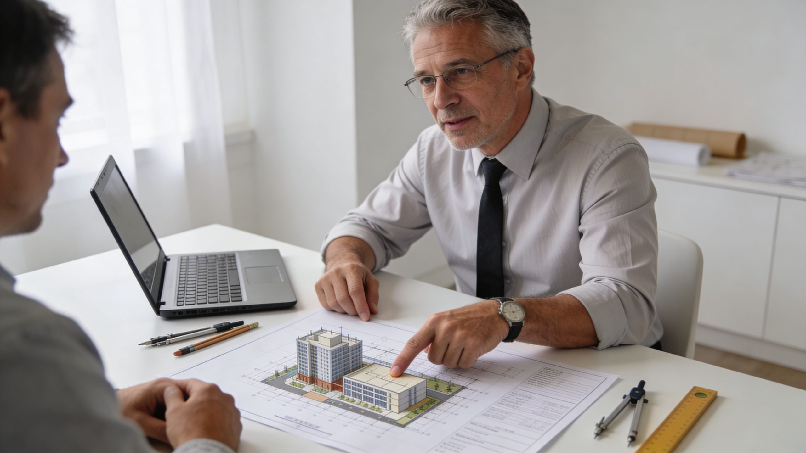 A professional architect discussing architectural blueprints with a client in a bright, modern office setting.