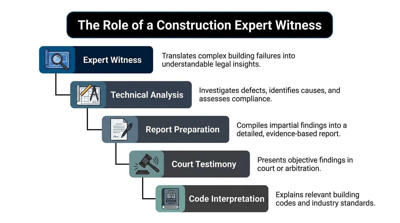 An infographic showing the five key responsibilities and functions of a construction expert witness in legal proceedings.