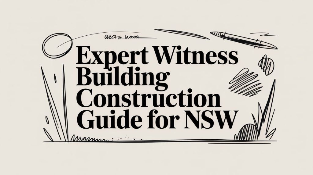 Cover title: 'Expert Witness Building Construction Guide for NSW' with black ink doodle sketches around a beige background.