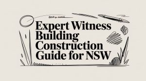 Cover title: 'Expert Witness Building Construction Guide for NSW' with black ink doodle sketches around a beige background.