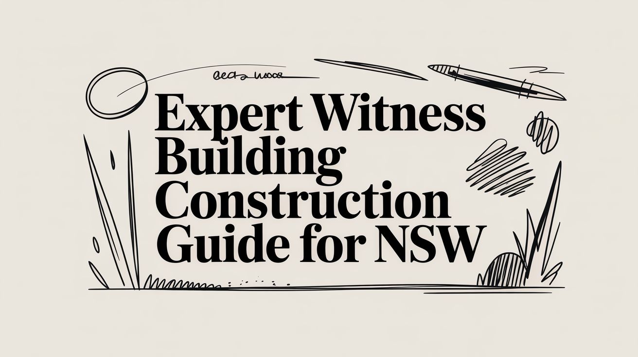Cover title: 'Expert Witness Building Construction Guide for NSW' with black ink doodle sketches around a beige background.