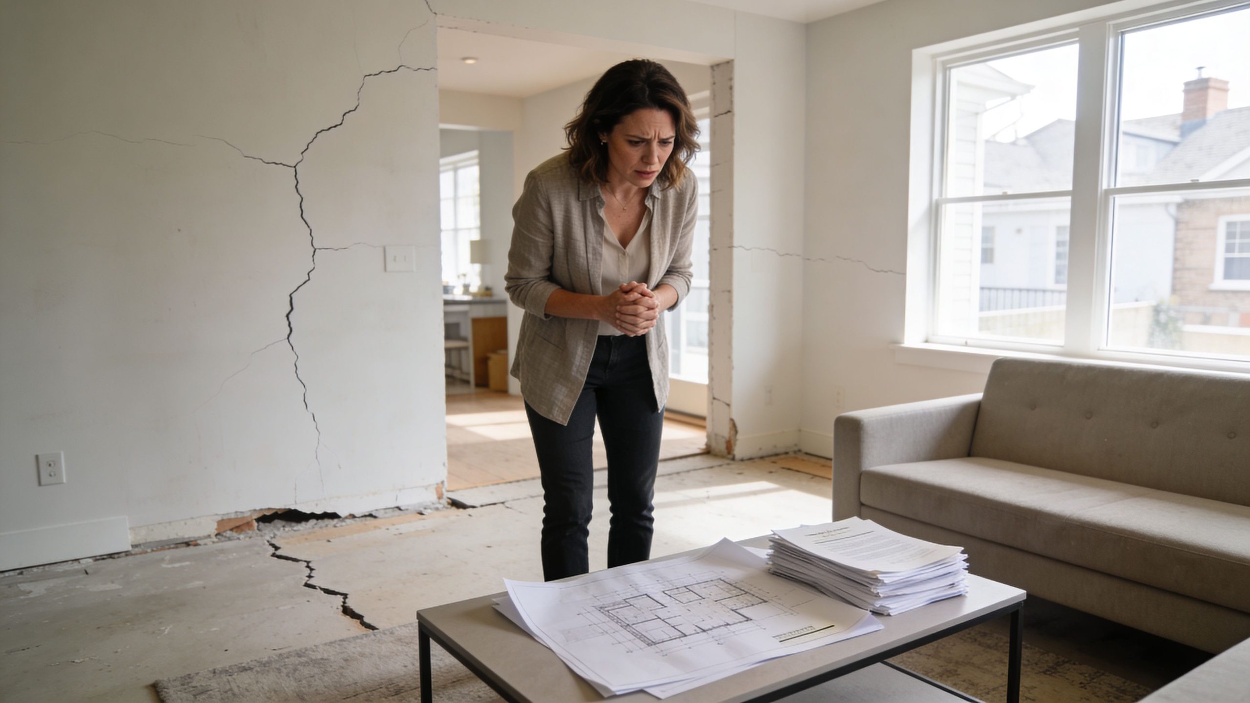 A concerned woman standing in a damaged room with large wall cracks examining house renovation blueprints.