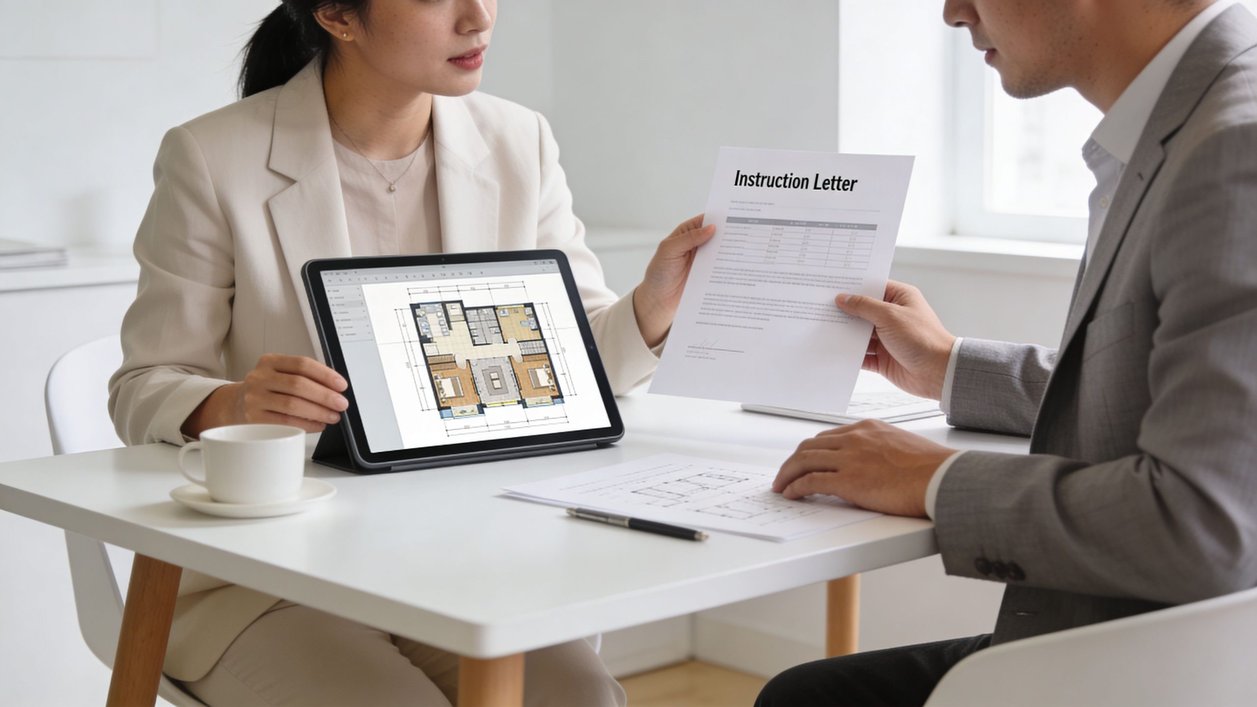 A professional man and woman discussing building floor plans and an instruction letter in an office setting.