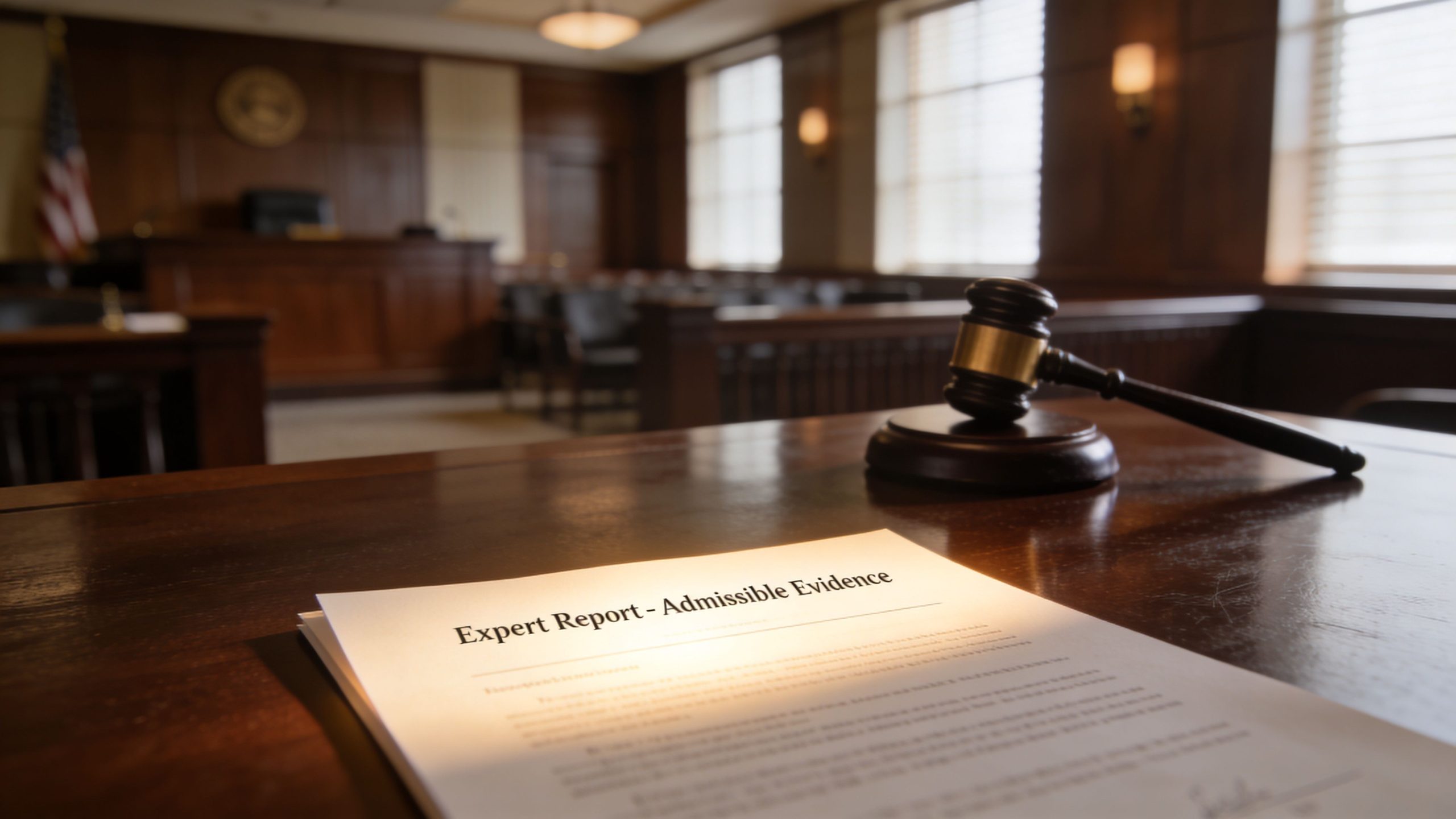 A gavel sits on a wooden desk next to an Expert Report document in a courtroom.