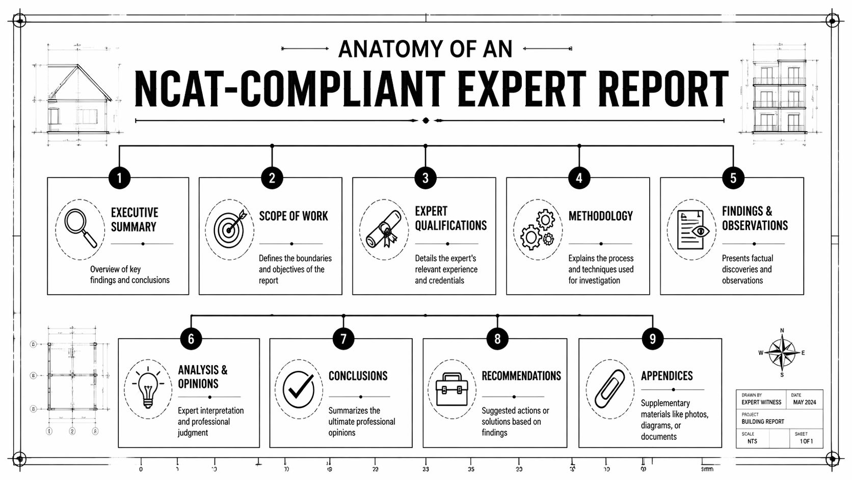 An infographic detailing the nine essential sections required for an NCAT-compliant expert witness building report.