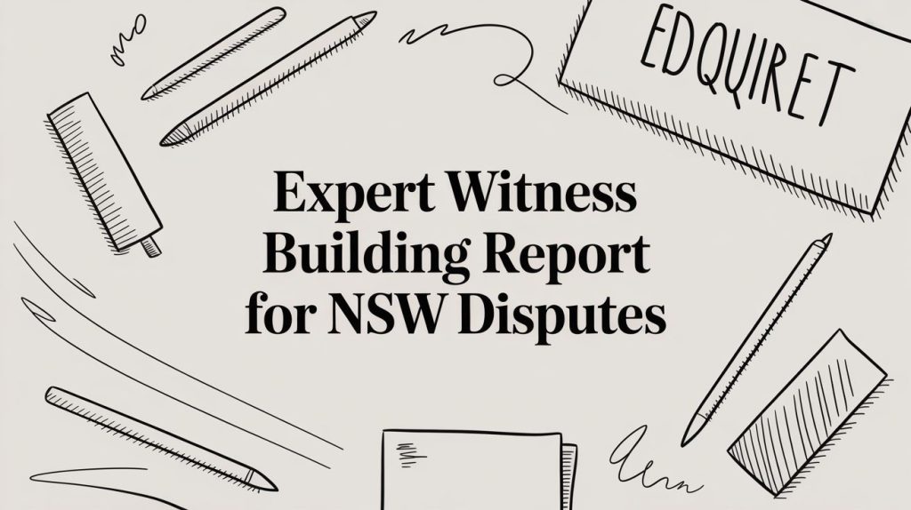 Header reads: "Expert Witness Building Report for NSW Disputes" surrounded by sketch-style drafting tools, conveying a professional reports theme in a legal/forensic context