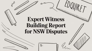 Header reads: "Expert Witness Building Report for NSW Disputes" surrounded by sketch-style drafting tools, conveying a professional reports theme in a legal/forensic context