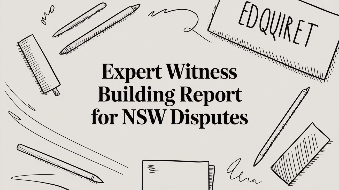Header reads: "Expert Witness Building Report for NSW Disputes" surrounded by sketch-style drafting tools, conveying a professional reports theme in a legal/forensic context