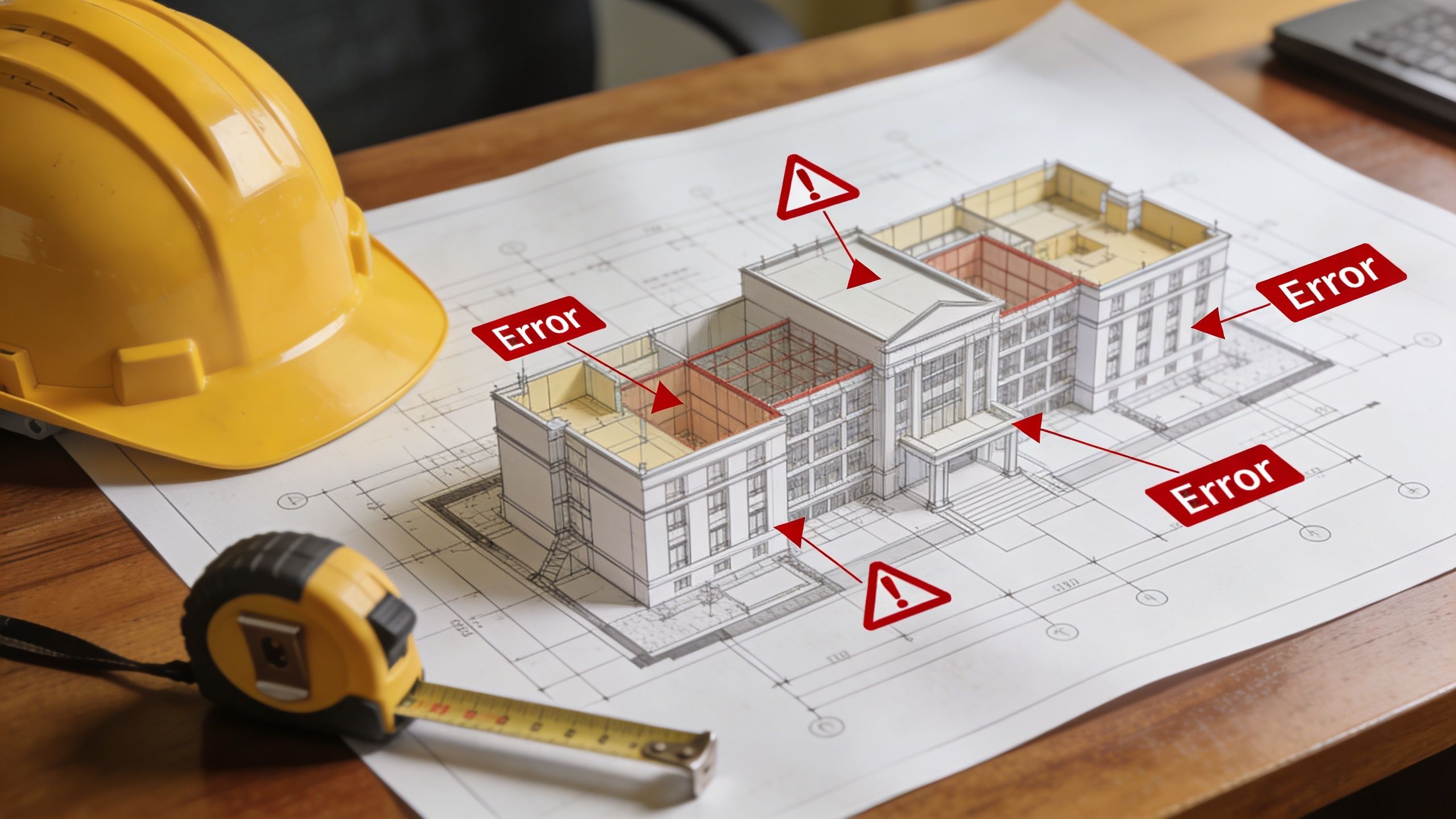 Architectural blueprints of a building with highlighted design errors, a yellow hard hat, and a measuring tape.