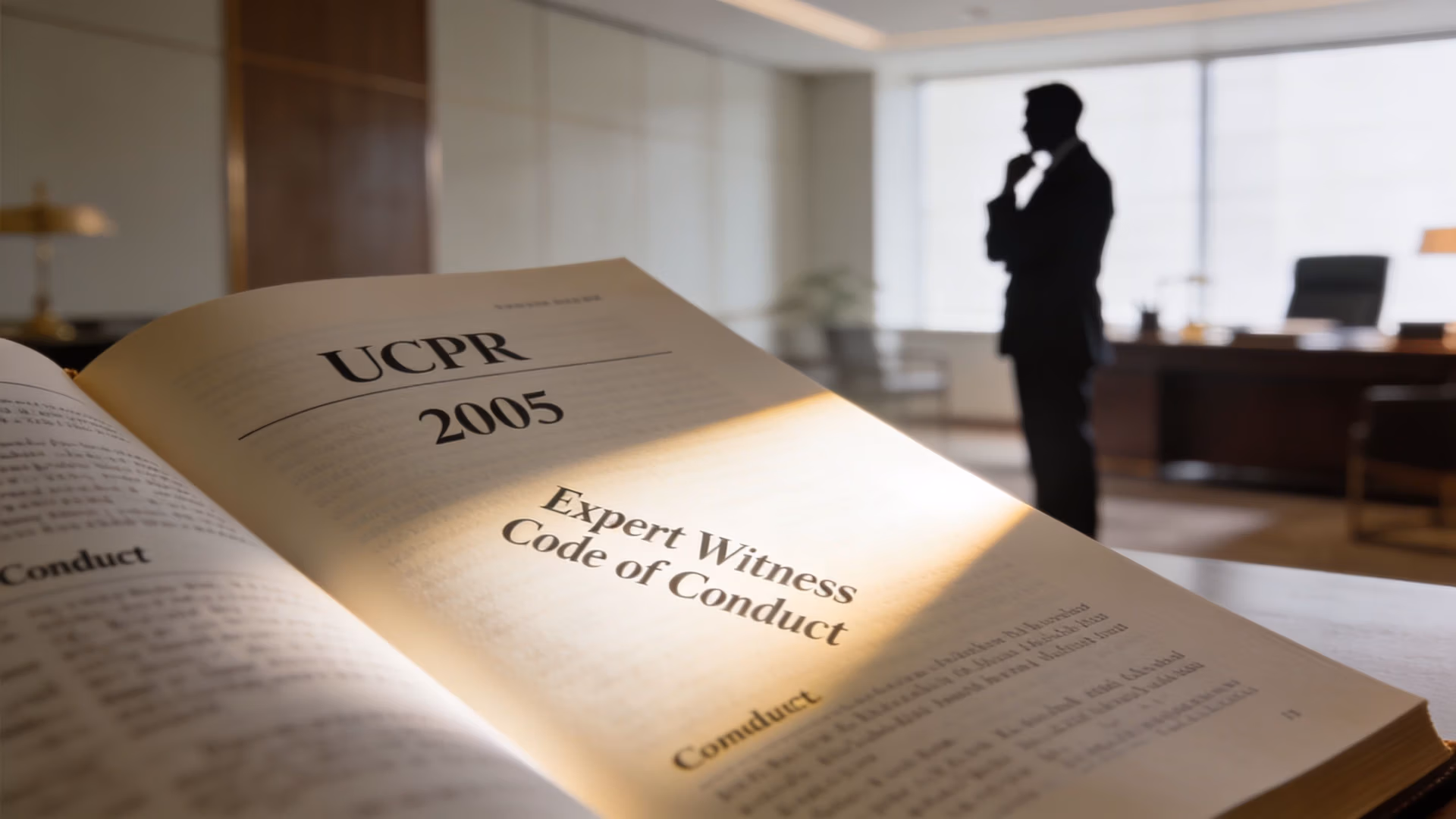 An open book titled UCPR 2005 Expert Witness Code of Conduct sitting on a desk in an office.