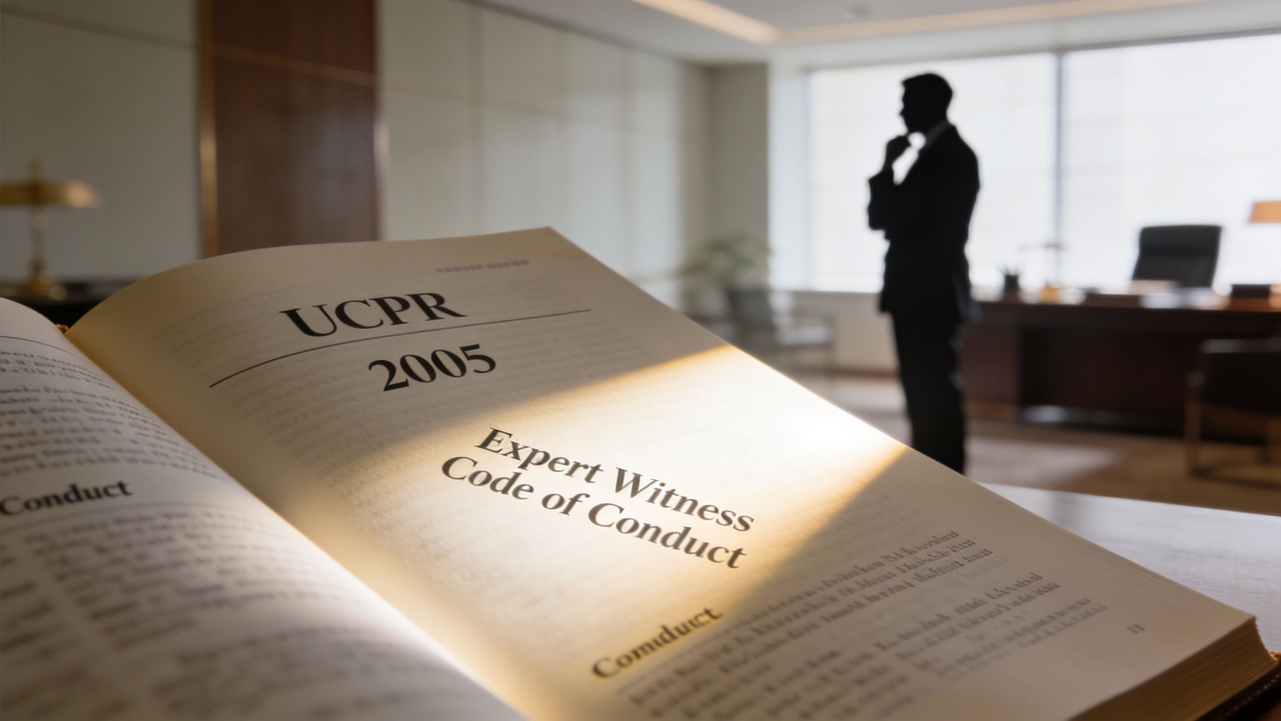 An open book titled UCPR 2005 Expert Witness Code of Conduct sitting on a desk in an office.