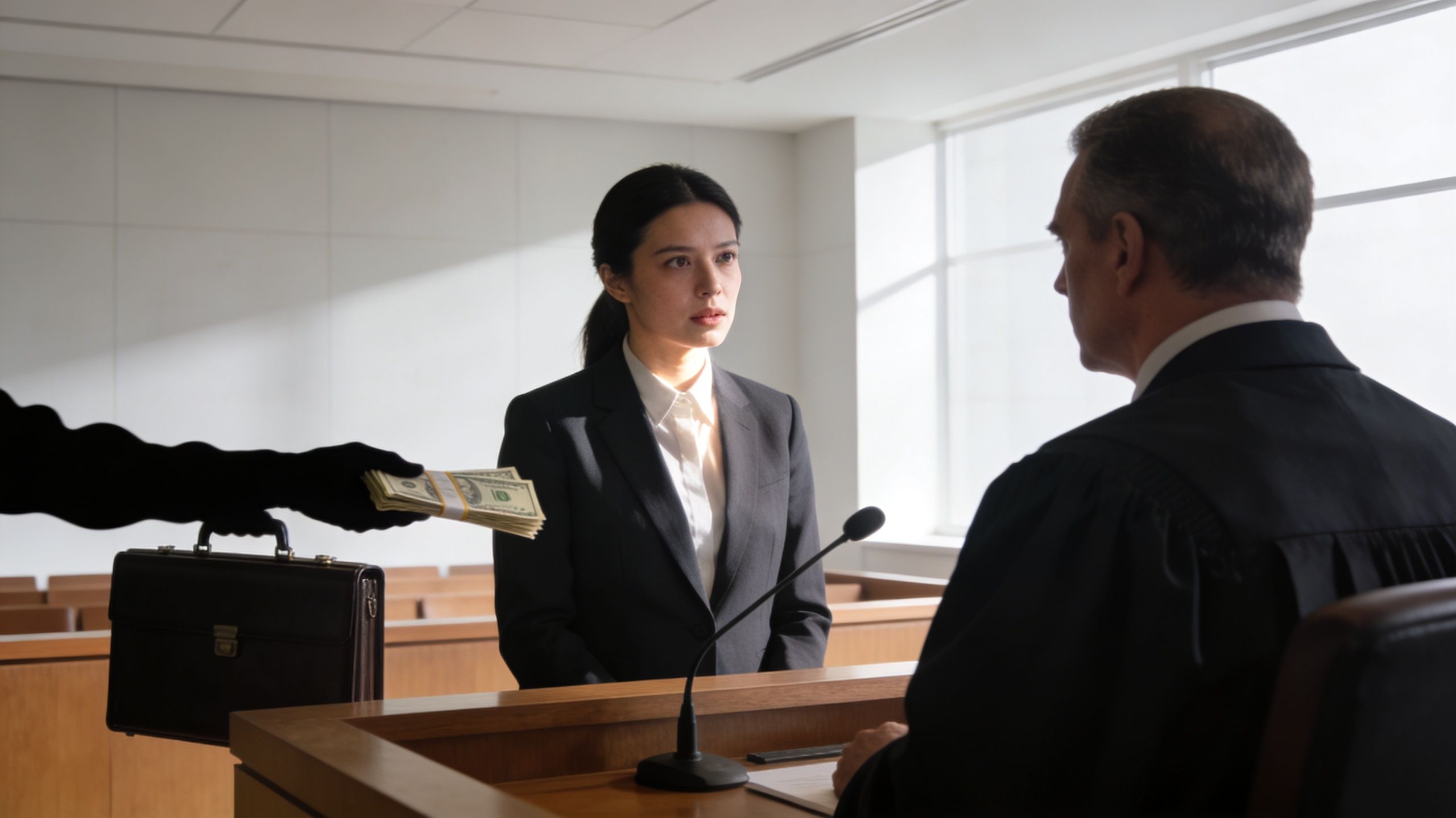 A courtroom scene where an individual in black gloves offers a stack of cash to a lawyer.