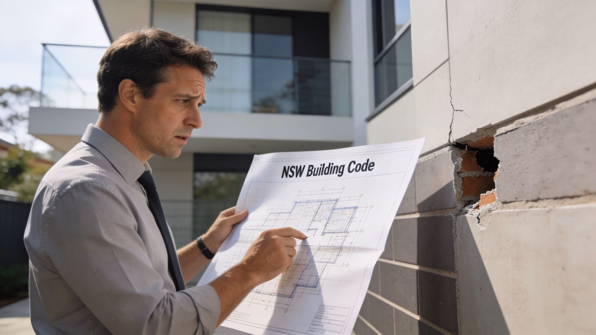 A concerned professional holding NSW building code blueprints while inspecting structural damage on a building exterior.