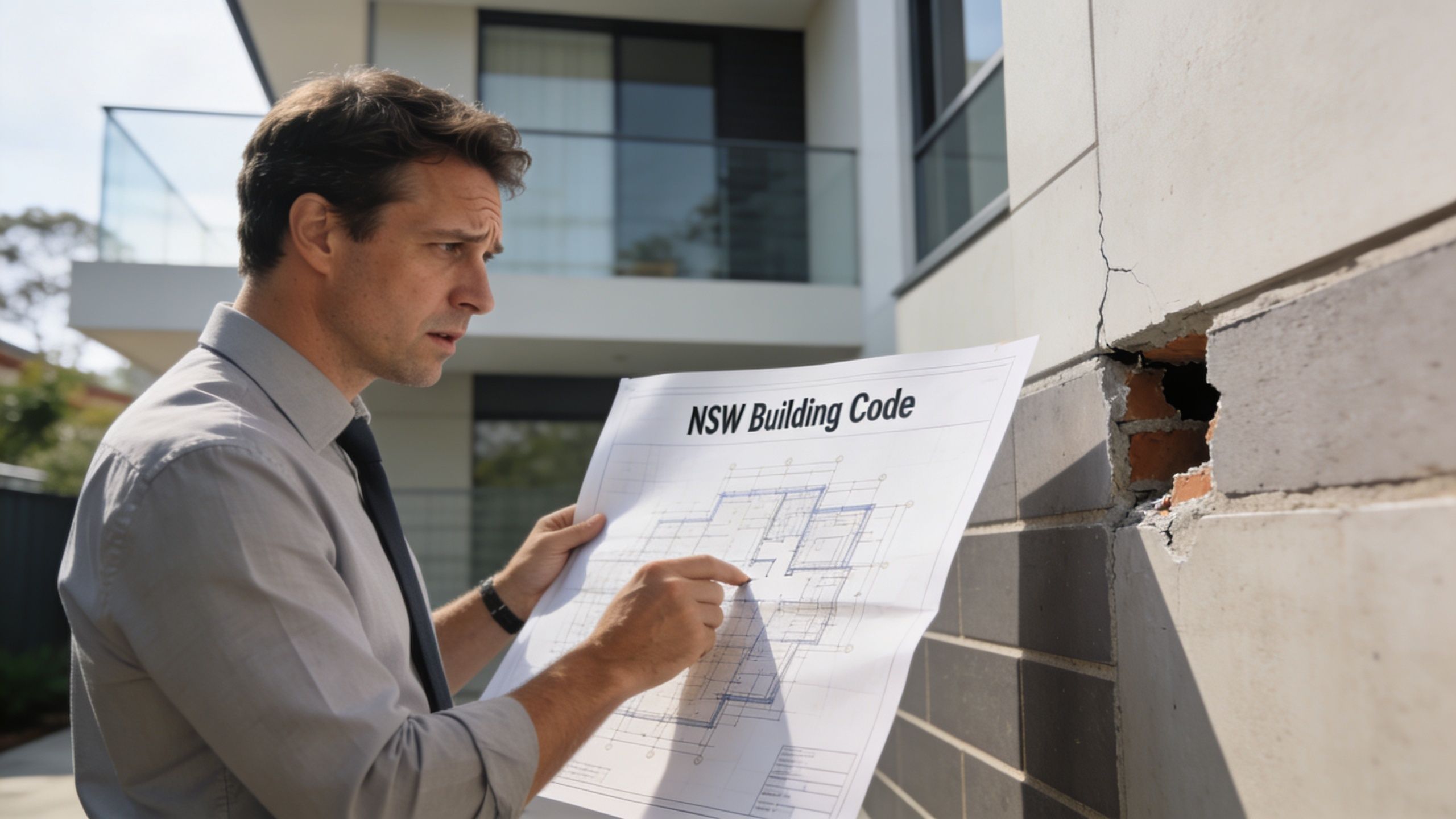 A concerned professional holding NSW building code blueprints while inspecting structural damage on a building exterior.