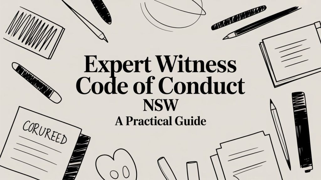 Cover of a guide titled 'Expert Witness Code of Conduct NSW: A Practical Guide' framed by hand-drawn office supplies and documents around the edges.