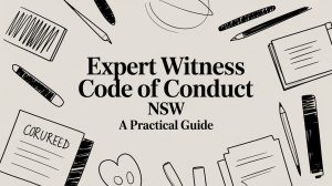Cover of a guide titled 'Expert Witness Code of Conduct NSW: A Practical Guide' framed by hand-drawn office supplies and documents around the edges.