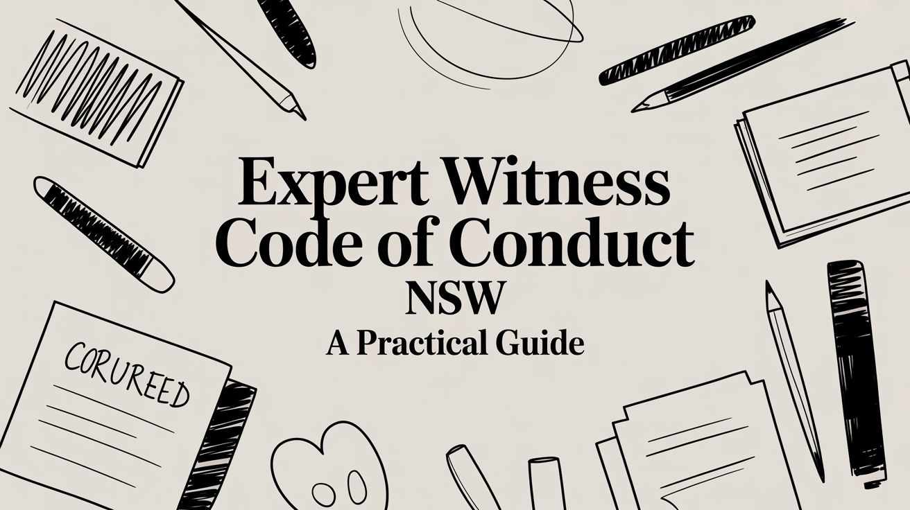 Cover of a guide titled 'Expert Witness Code of Conduct NSW: A Practical Guide' framed by hand-drawn office supplies and documents around the edges.