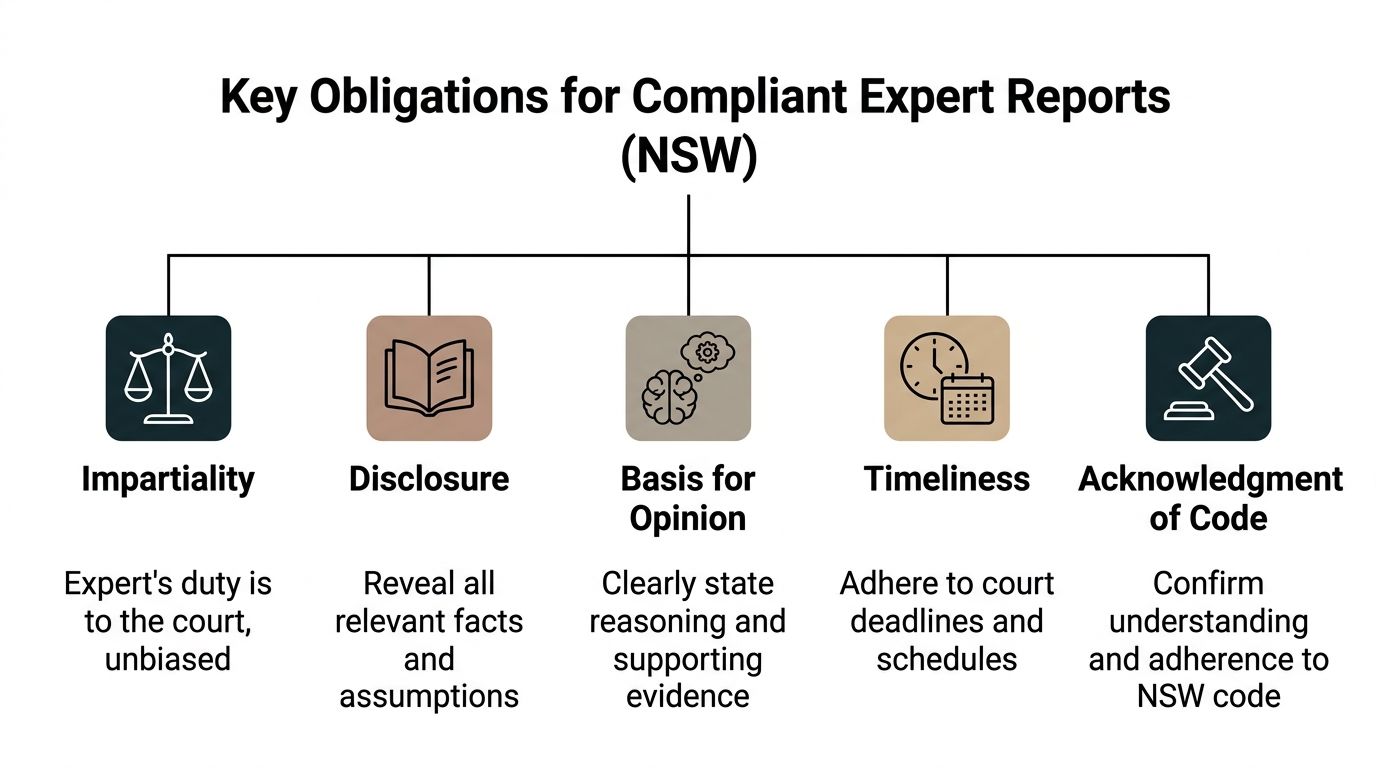 A diagram outlining the five key legal obligations for writing compliant expert witness reports in New South Wales.