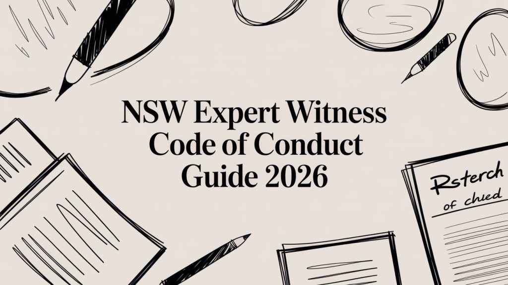 Cover image: beige background with black hand-drawn office supplies framing the title 'NSW Expert Witness Code of Conduct Guide 2026'